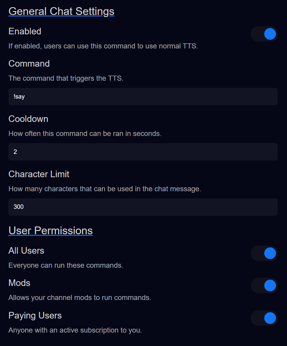 tts helper general chat settings